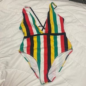 NEVER WORN CUPSHE striped colorful plunging one piece swimsuit